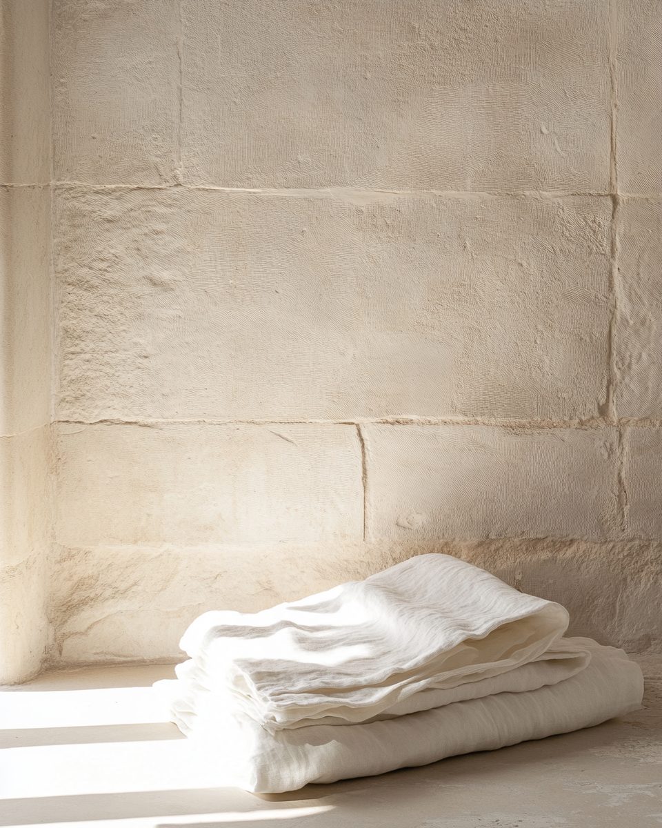 Folded simple white linen garments resting against a plain surface